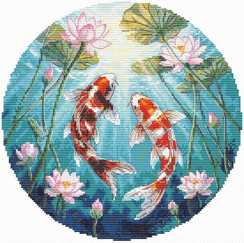 Siuvinėjimo kryželiu rinkinys „Karpiai ir lotosai“ 21,5 x 21,5 cm