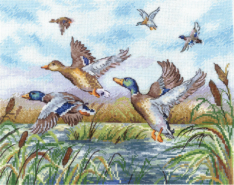 Siuvinėjimas kryželiu – rinkinys „Skrendantys ančiukai“, 25,5 × 19,5 cm, gamtos motyvas