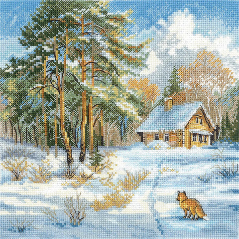 Kryželių siuvinėjimo rinkinys „Šaltis ir saulė“ – žiemos peizažas, 19×19 cm, pilnas komplektas