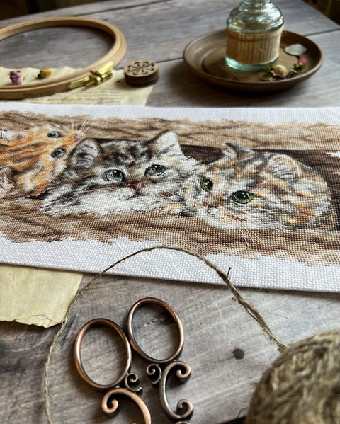 Kryželiu siuvinėjimo rinkinys „Pūkuotas trio“ – 35 × 14,5 cm, Aida kanva, vidutinio sudėtingumo