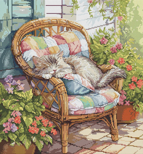 Siuvinėjimo kryželiu rinkinys „Snaudulys terasoje“ 31,5 x 32 cm