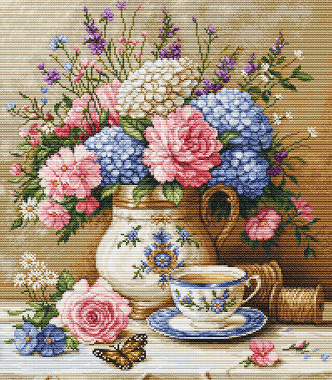 Siuvinėjimo kryželiu komplektas „Gėlių nostalgija“, 32x36 cm paveikslas rankdarbiams