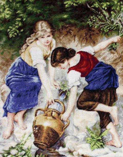 Siuvinėjimo kryželiu rinkinys „Prie fontano“ 24×31 cm, 56 spalvų, Anchor siūlai, Zweigart 25 ct drobė
