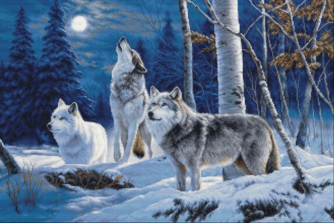 Siuvinėjimo kryželiu rinkinys „Staugiantis vilkas žiemos mėnulio šviesoje“ 52x35 SG727