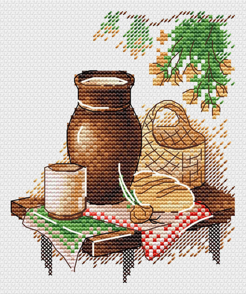 Siuvinėjimo kryželiu rinkinys „Paprasti pietūs“ 13×11 cm – kompaktiškas, pradedantiesiems ir pažengusiems