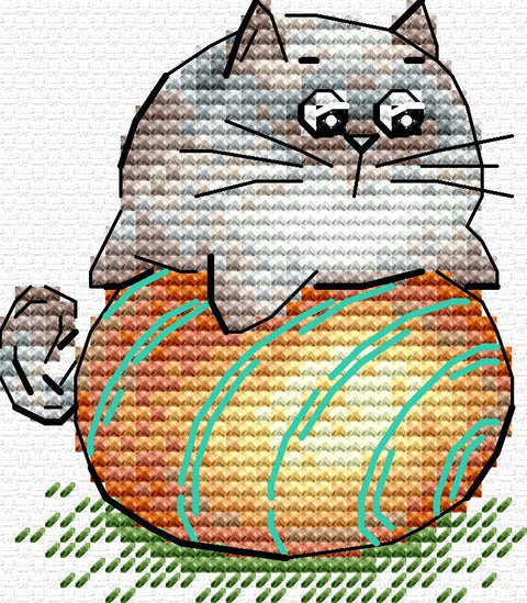 Mažo formato kryželiu siuvinėjimo rinkinys „Katinėlis su kamuoliuku“, 7 × 6 cm miniatiūrinis gyvūnų motyvas