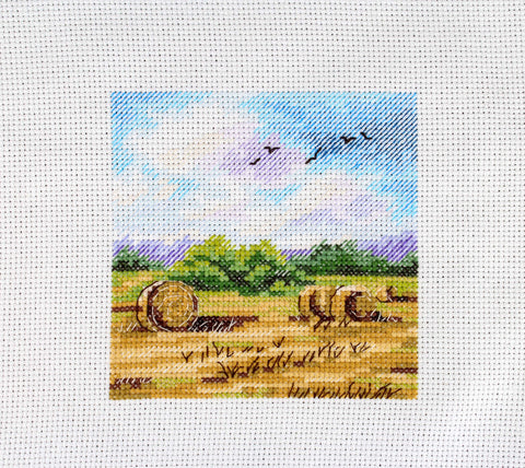 Kryželių siuvinėjimo rinkinys „Kaimo platybės“ – kaimo peizažas, 11×11 cm