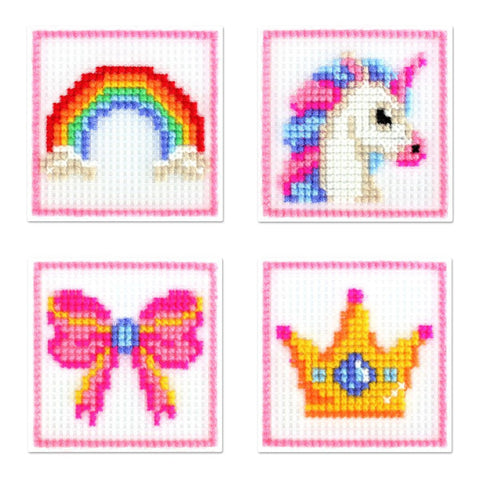 Siuvinėjimo kryželiu rinkinys „Princesės“ vaikams, 4 mini paveikslėliai 10,6×10,6 cm