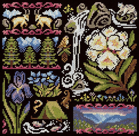 Siuvinėjimo kryželiu rinkinys „Prieblanda kalnuose“ ant juodos drobės 19 x 19 cm