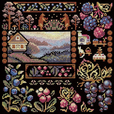 Siuvinėjimo kryželiu rinkinys „Kaimo aušra“ ant juodos drobės 19 x 19 cm