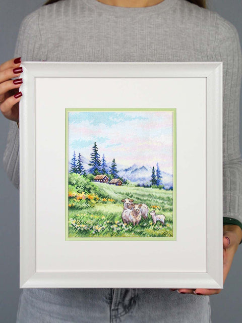 Kryželių siuvinėjimo rinkinys „Alpinės pievos“ kalnų peizažas, 20x16 cm (SNV-935)