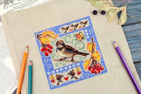 Siuvinėjimas kryželiu: rinkinys „Rudens kompozicija – Mini sampler“, 13×13 cm