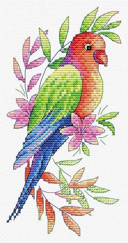 Siuvinėjimo rinkinys „Spalvinga papūga“ – vandeniu tirpstanti kanva, 9×19 cm, 16 spalvų - kaSiulai.lt