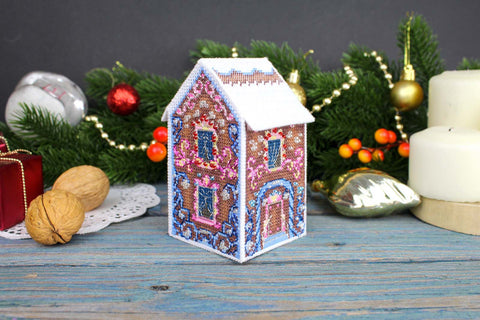 Kryželių siuvinėjimo rinkinys 3D raštuotam nameliui – žaisliukas, 11×6×6 cm