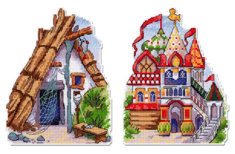 Kryželiu siuvinėjimo rinkinys „Pasakų namelys“ ant plastikinės kanvos, 16×13 cm, 25 Kirov siūlų spalvos