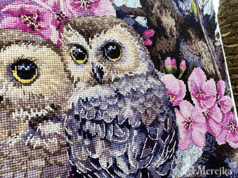Siuvinėjimui kryželiu „Dvi pelėdos žydinčiame sode“, 38×29 cm - kaSiulai.lt