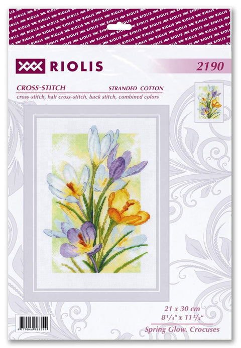 RIOLIS siuvinėjimo rinkinys Nr.2190 „Pavasario spindesys – krokusai“, 21×30 cm, 18 spalvų