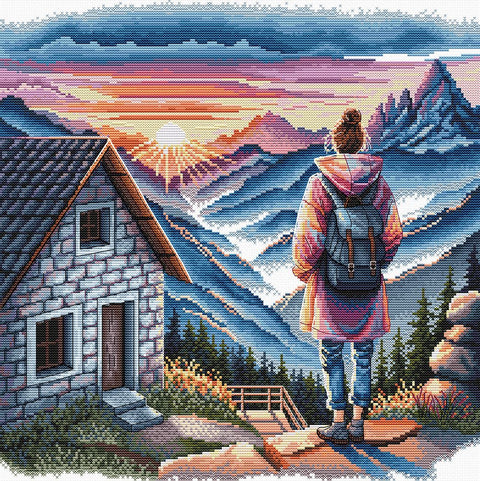 Kalnų saulėtekis – kryželiu siuvinėjamas paveikslas, rinkinys 31,5 x 31,5 cm