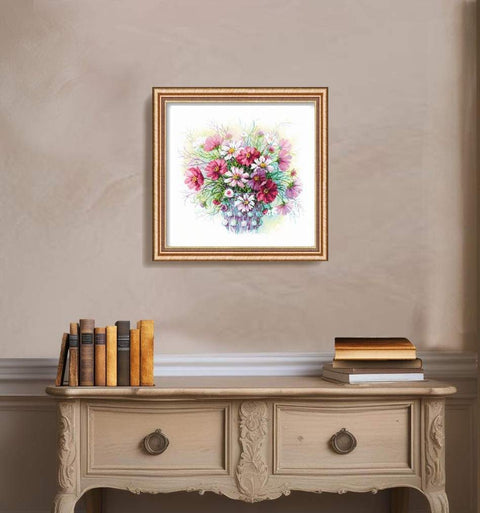 RIOLIS siuvinėjimo rinkinys "Watercolor Cosmos" — akvarelinis kosmoso motyvas 30×30 cm, 18 spalvų