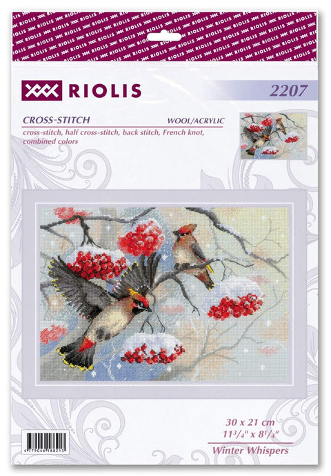 RIOLIS siuvinėjimo rinkinys „Winter Whispers“ Nr. 2207 — 30×21 cm, 21 spalva (vilna/akrilas), 14 ct pilka AIDA