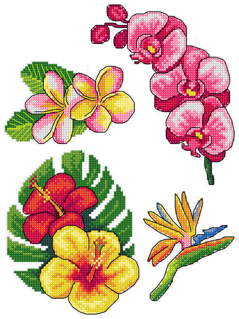 „Egzotinės gėlės“ kryželių siuvinėjimo rinkinys su plastikinė 14 ct drobe (21×28 cm)