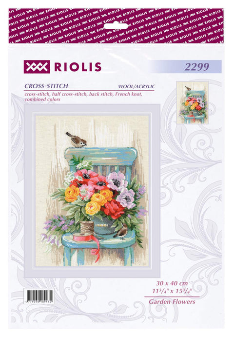 RIOLIS siuvinėjimo rinkinys Nr.2299 "Garden Flowers" – gėlės, 30×40 cm, 28 spalvų, 14 ct AIDA
