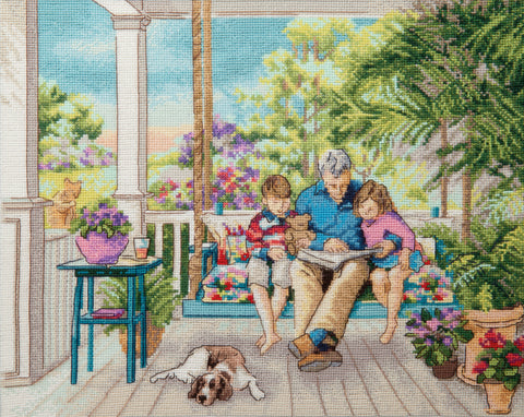 Charivna Mit kryželių rinkinys „Skaitant pasakas“ – Zweigart Aida 16, 45 spalvų Madeira siūlai