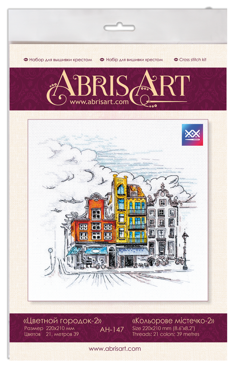 Abris Art kryželių siuvinėjimo rinkinys „Spalvotas miestas 2“ – 14 ct drobė, 22 × 21 cm