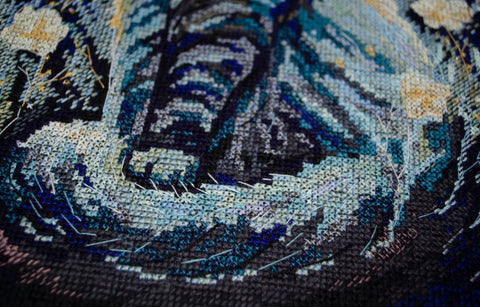 Kryželių siuvinėjimo rinkinys „Naktinis svečias“ 22×32 cm (14 ct) su PRECIOSA #10 karoliukais — Abris Art