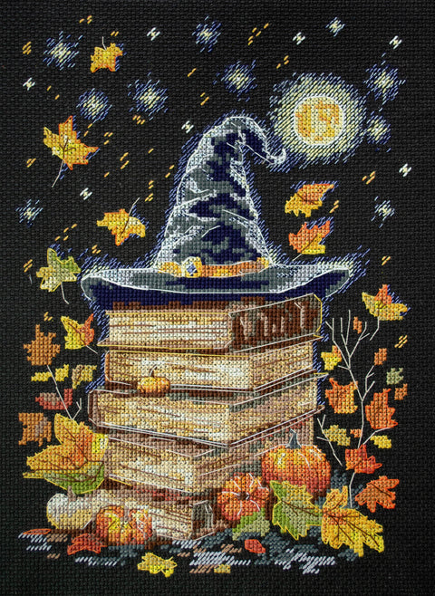 Skaičiuoto kryželio siuvinėjimo rinkinys „Magiški puslapiai“ ant juodos drobės, 18×26 cm