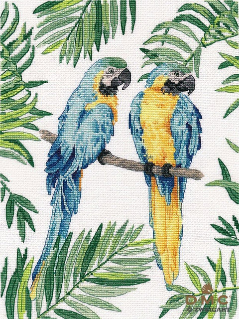 Ara papūga — siuvinėjimo komplektas kryželiu 21×29 cm, DMC, Zweigart - kaSiulai.lt