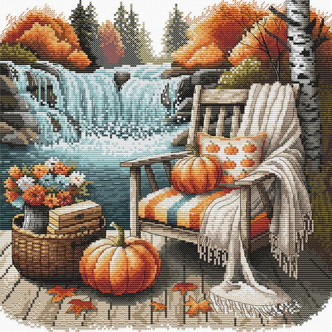 „Rudeninė ramybė“ – rudens peizažo kryželiu siuvinėjimo rinkinys, 26 x 26 cm, AVA Stitch