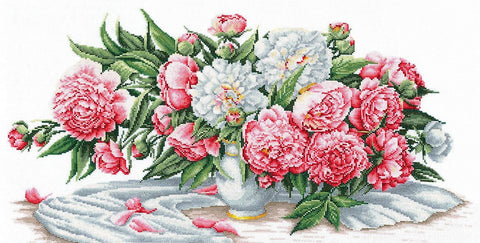 Bijūnų puokštė — siuvinėjimas kryželiu (Aida 16, 50 × 25,5 cm) - kaSiulai.lt