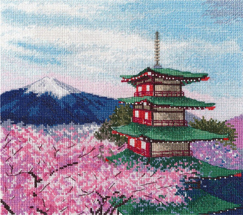 Chureito pagoda — siuvinėjimo komplektas ant 16 ct Zweigart drobės, 26 spalvų (23×21 cm) - kaSiulai.lt
