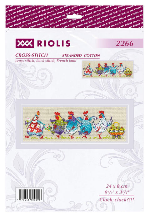 RIOLIS siuvinėjimo rinkinys „Cluck‑Cluck“ (Nr. 2266) — Zweigart 14 ct Aida, 24×8 cm, 11 spalvų