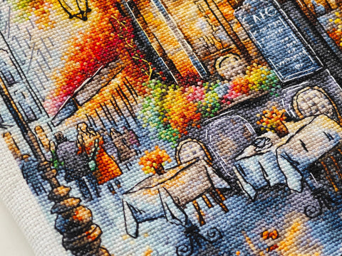 „Rudens kava“ kryželiu siuvinėjimo rinkinys, 29×29 cm paveikslui, Aida 16 audinys