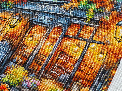 „Rudens kava“ kryželiu siuvinėjimo rinkinys, 29×29 cm paveikslui, Aida 16 audinys