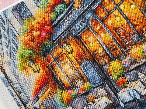 „Rudens kava“ kryželiu siuvinėjimo rinkinys, 29×29 cm paveikslui, Aida 16 audinys