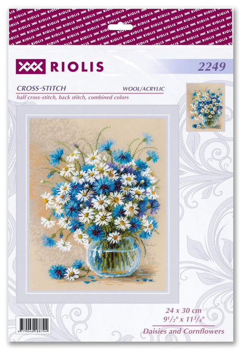 RIOLIS siuvinėjimo rinkinys "Daisies and Cornflowers" Nr.2249 – 25 spalvų, 24×30 cm, 14ct AIDA
