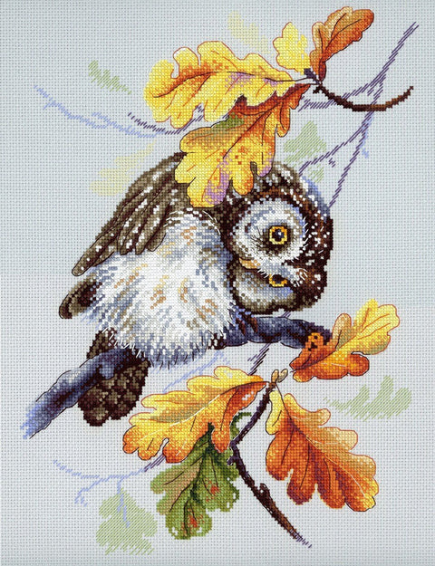 Detalus pelėdos siuvinėjimo komplektas kryželiu, Aida 18, 33×25 cm, 29 spalvų - kaSiulai.lt