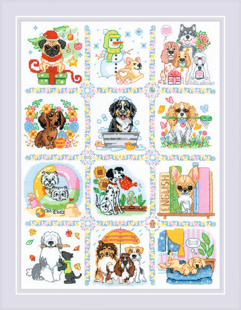 RIOLIS siuvinėjimo rinkinys "Dog Calendar" — 30×40 cm, 28 spalvų, 14ct AIDA