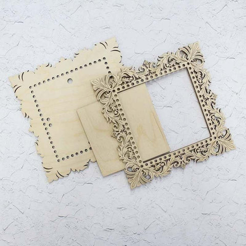 Elegantiškas fanerinis kvadratinis rėmelis su nėrinių motyvu siuviniams, 21×21 / 13×13 cm - kaSiulai.lt