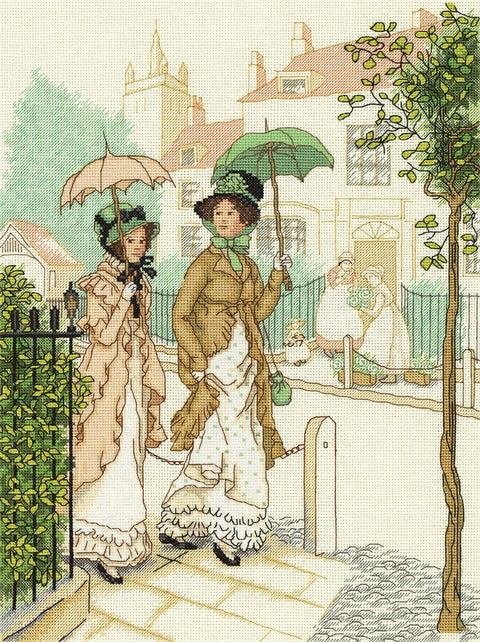 Elegantiškas kryželiu siuvinėjimo komplektas „Damos pasivaikščiojime“ - kaSiulai.lt