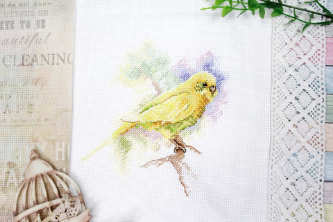 Elegantiškas kryželiu siuvinėjimo komplektas „Plunksnuotas bičiulis“, 15×14 cm - kaSiulai.lt