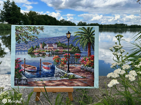 Elegantiškas Merejka komplektas siuvinėjimui kryželiu „Lago del Porto“, 31,5×41,5 cm - kaSiulai.lt