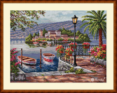 Elegantiškas Merejka komplektas siuvinėjimui kryželiu „Lago del Porto“, 31,5×41,5 cm - kaSiulai.lt
