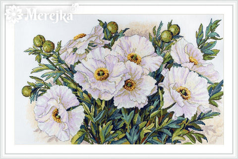 Elegantiškas Merejka siuvinėjimo komplektas "Baltos gėlės" — Aida 16, DMC, 47×30 cm - kaSiulai.lt