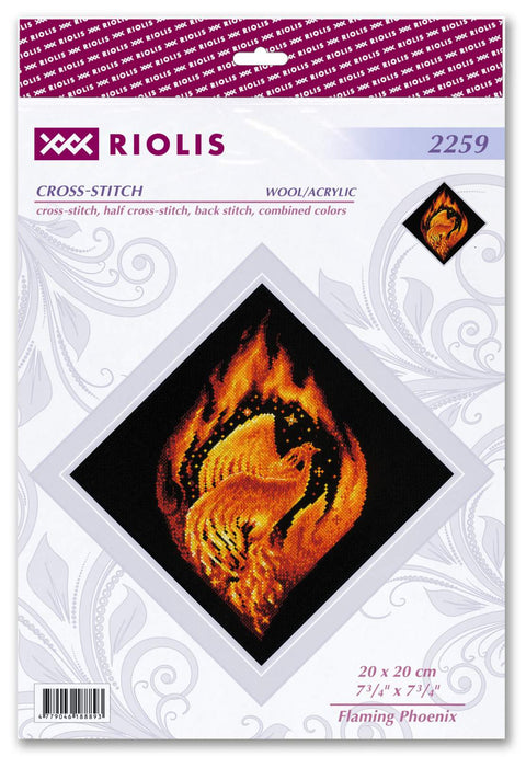 RIOLIS siuvinėjimo rinkinys „Flaming Phoenix“ Nr.2259 — 20×20 cm, juoda AIDA, 6 spalvų siūlai