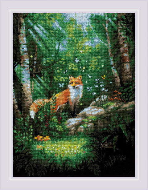 RIOLIS siuvinėjimo rinkinys "Fox in the Forest" Nr.2251 – 30×40 cm, 14 ct juoda AIDA, 29 spalvų
