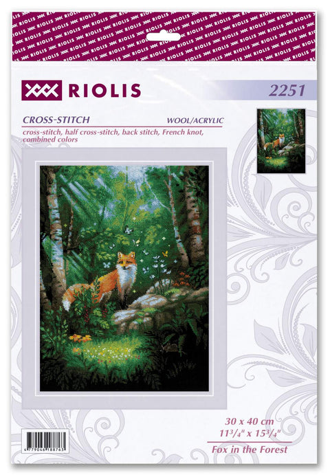 RIOLIS siuvinėjimo rinkinys "Fox in the Forest" Nr.2251 – 30×40 cm, 14 ct juoda AIDA, 29 spalvų